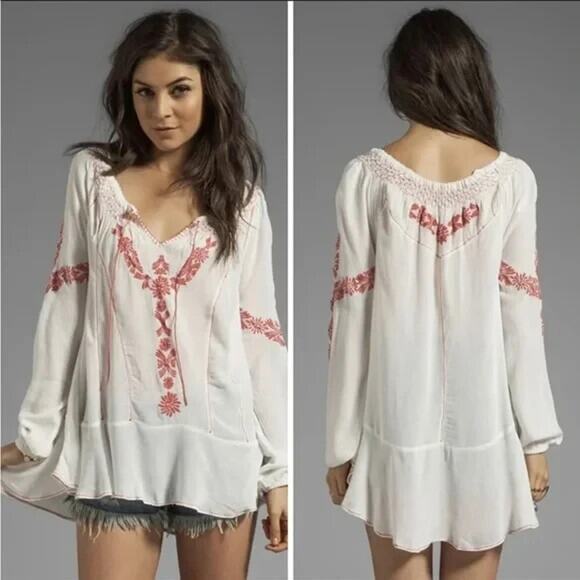 Free People Rolling Stone Woven Embroidered Tunic Long Sleeve White Combo Medium - Picture 1 of 9